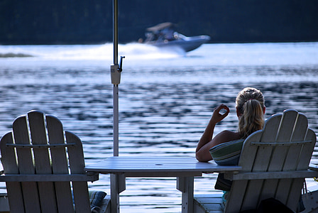 リラックス, 太陽, 傘, ボート, 女性, 水, 静かです