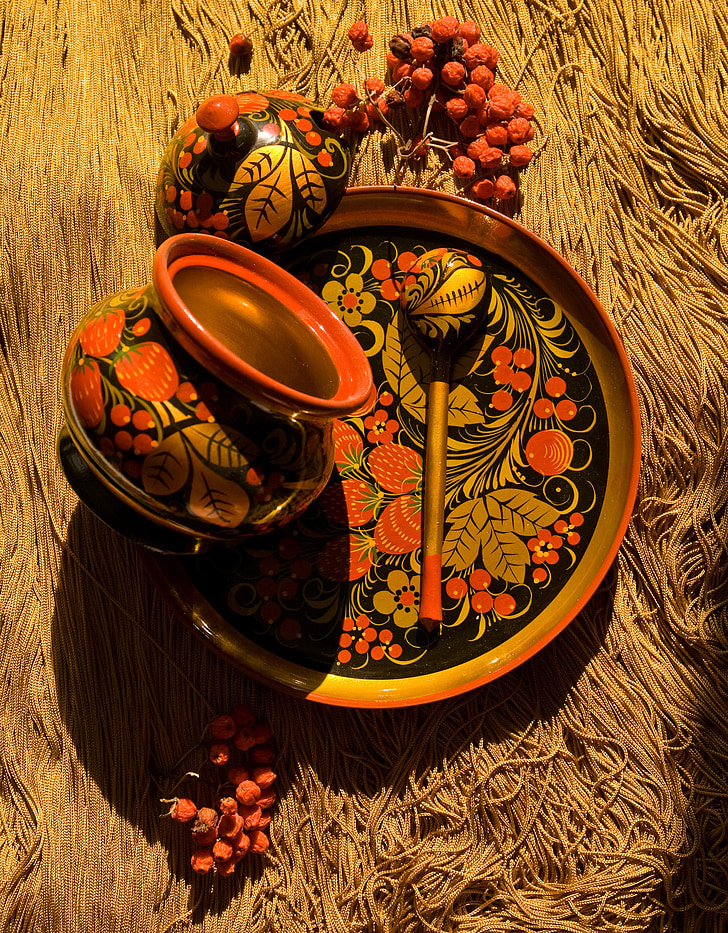 Hand-made, dari Rusia, khoкhloma, merah, emas, hitam, Ornamen