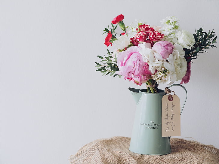 white, pink, petaled, flower, arrangement, pot, flowers