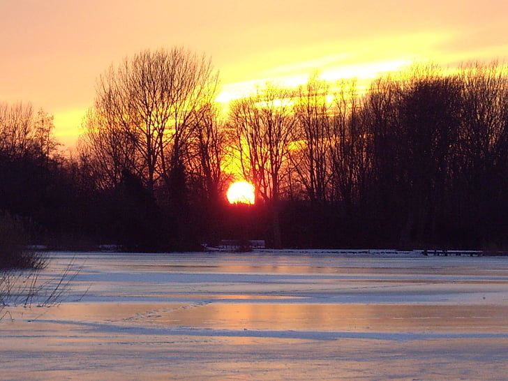 pôr do sol, paisagem, passatempo de gelo natural, natureza, Países Baixos