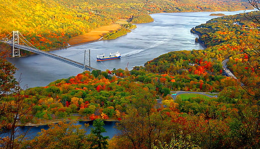 paysage, rivière, Scenic, automne, fond automne, bateau, navire