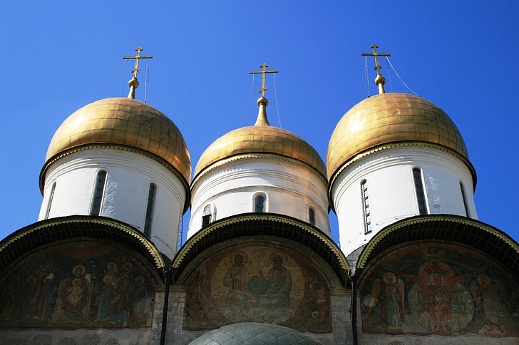 cathedral, russian, orthodox, three white towers, onion domes, golden, russia