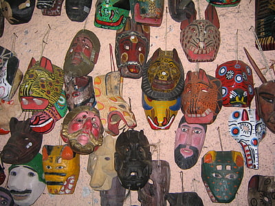 maszkok, Guatemala, kézműves, kultúra, fa, piac, etnikai