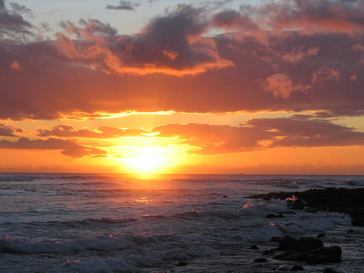 Sunset, vesi, Ocean, pilvet, Sun, Sea