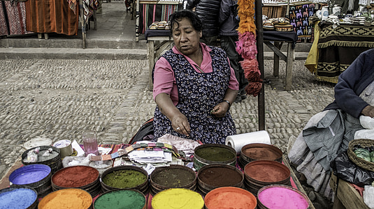 mulher, vendedor, fornecedor, mercado, vendedor de tintura, colorido, pós