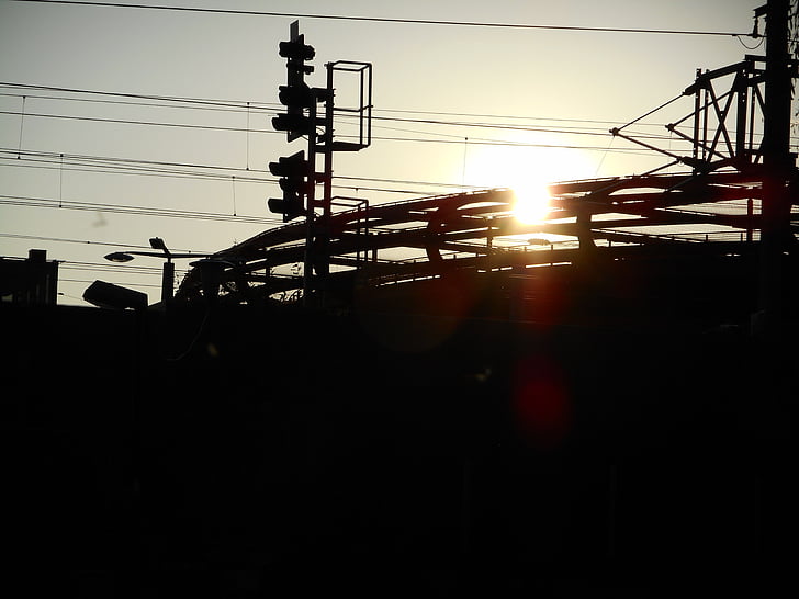 industry, industry age, electricity, train, power lines, energy, sun