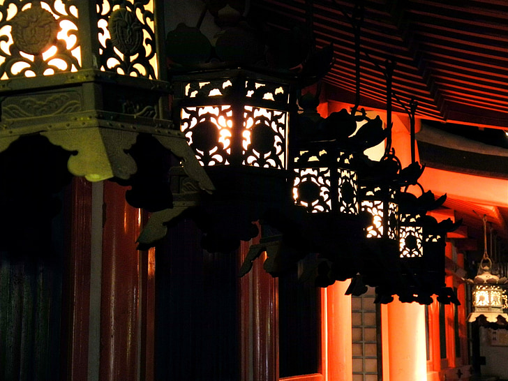 Lampáš, Kasuga shrine, noc, Nagoya, Japonsko, vonku, svetlo