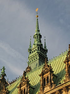 Hamburg, Gradska vijećnica, kupola, toranj, Nepal, reper, večer svjetla