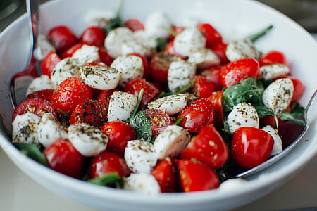 西红柿, bocconcini, 奶酪, 沙拉, 蔬菜, 健康, 食品