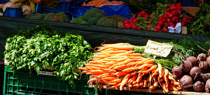produtos hortícolas, cenouras, salada, rabanetes, mercado, fresco, comida
