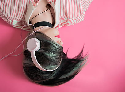 auriculares, personas, mujer, cabello, verde, música, canción