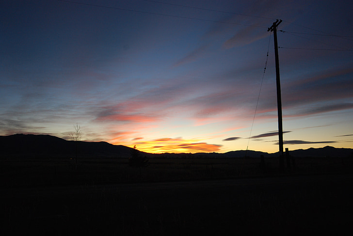 sunset, telephone pole, silhouette, sky, evening light