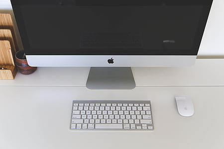 apple, computer, desk, display, home office, imac, keyboard