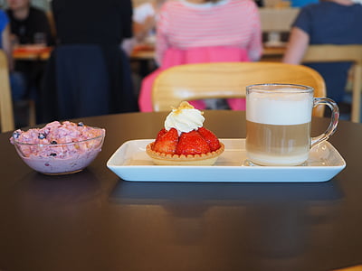 甜点, 咖啡, 草莓蛋糕, 奶油, 甜味的碟子, 受益于, 咖啡党