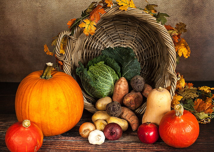 pompoen, groenten, herfst, oktober, mand, Savoy, aardappel