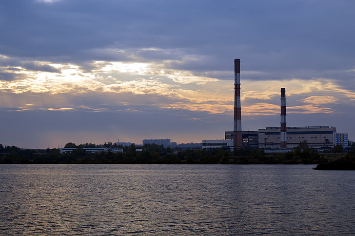 plant, industry, sunset, lake, electric power, civilization, industrialization