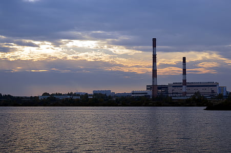 plant, industry, sunset, lake, electric power, civilization, industrialization