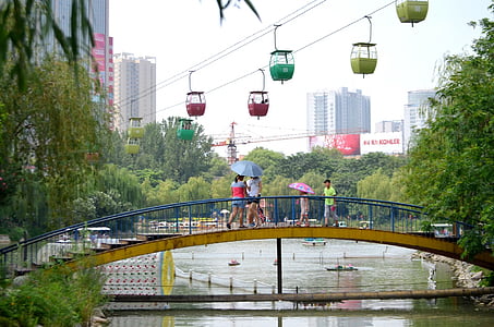 Zhengzhou, China, Parque zoológico, Parque, paisaje, puente, coches de cable