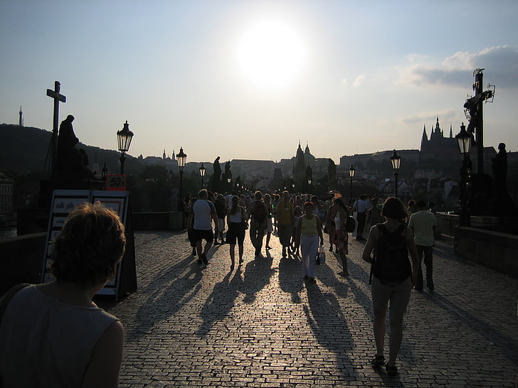prague, charles bridge, czech republic, tourists, tourism, pedestrian, passers by