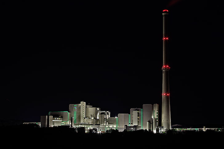 waste incineration, incinerator, chimney, exhaust, industry, fireplace, night photograph