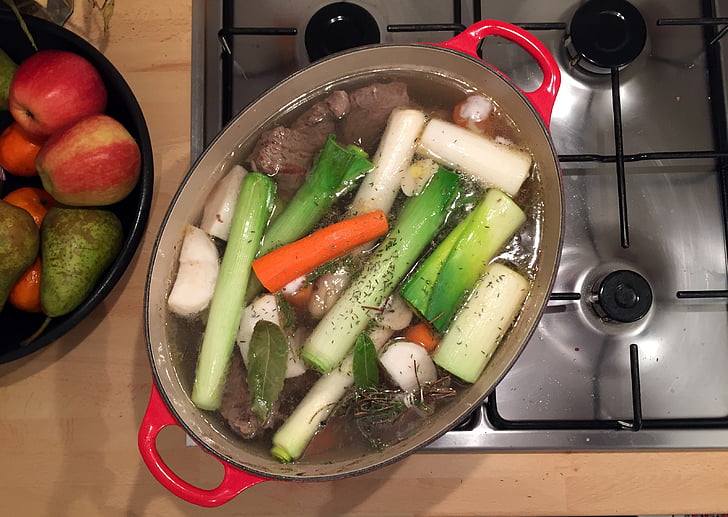 주방, pot au feu, 플랫, 고기, 쇠고기, 전통적인, 요리