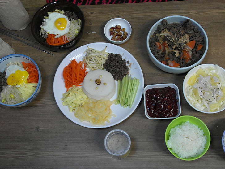refeições, Coreia do Sul, kujeolpan, bibimbap, cozinha, tabela