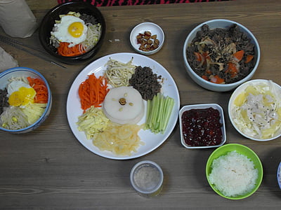 meals, south korea, kujeolpan, bibimbap, kitchen, table