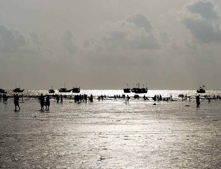 spiaggia, persone, oceano, India, Barche, silhouettes