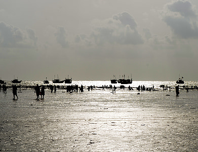plajă, oameni, ocean, India, barci, siluete