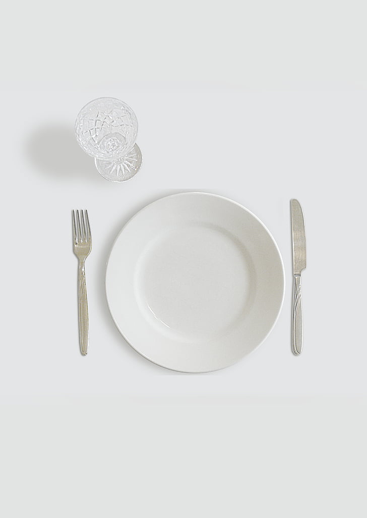 jedi, bela, ploščo, stemware, ploščo, ki je prazen, steklo, vilice