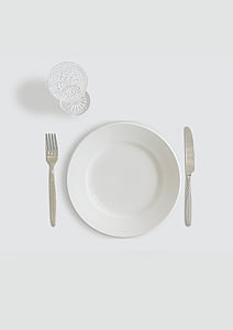 plats, blanc, placa, respatller, plat buit, vidre, forquilla