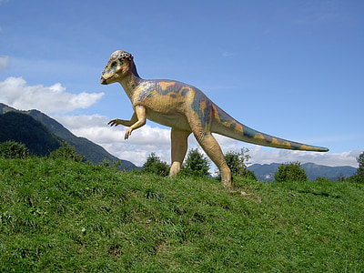 dinosaurie, stående, med händerna, gräs, bergen, Park
