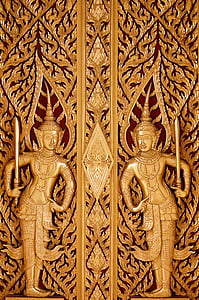 Thailand, fönster, trä, carving, resor, Asia, byggnad