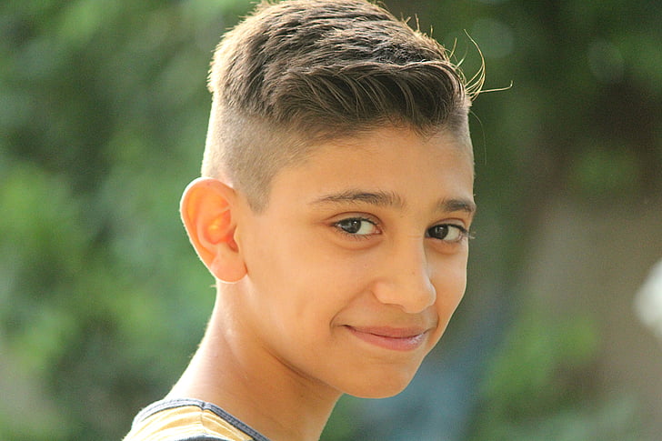 Chlapec, portrét, vlasy, venkovní, dětství, úsměv, Irák