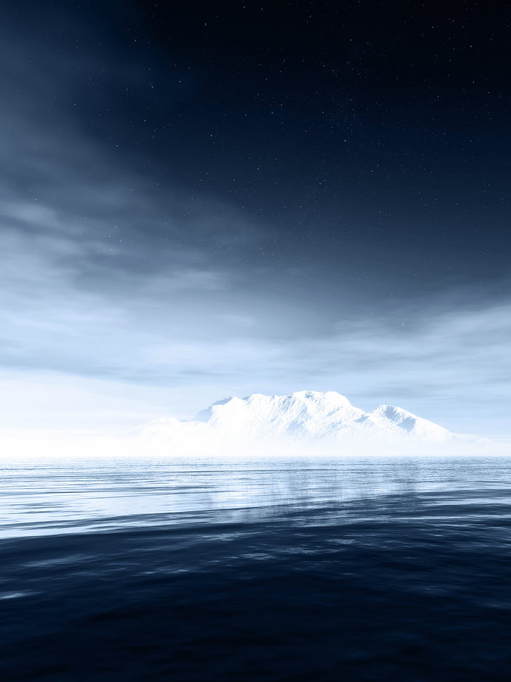 landscape, sea, night sky, winter, fog, iceberg, mountain