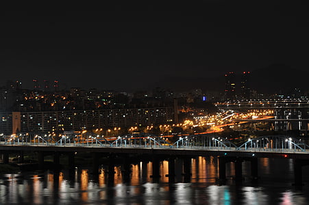 vaizdas naktį, judėjimas tiltu, Han upė, Seulas, Naktinis peizažas