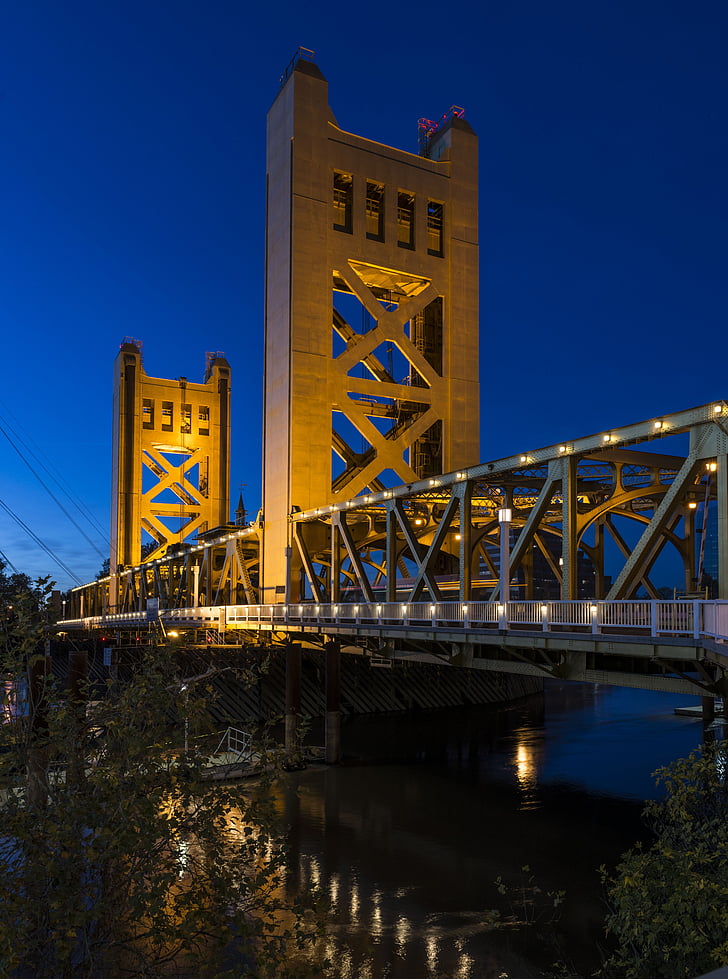 Tower bridge, Sacramento, Yolo county Kalifornia, híd, folyó, kék, függőhíd