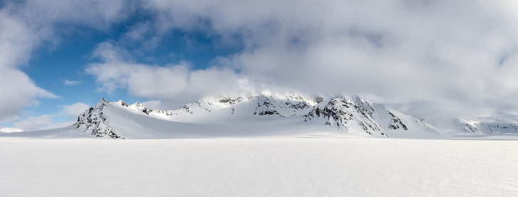 snow, mountains, clouds, arctic, spitsbergen, landscape, polar