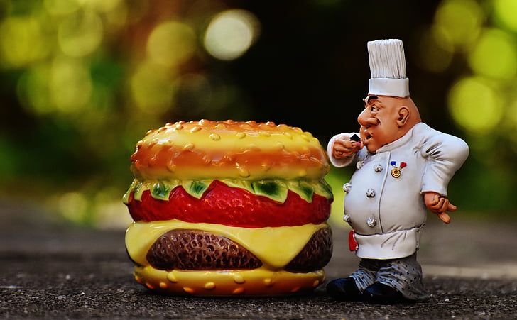 chef, figure, cheeseburger, hamburger, divertente, cuoco, gastronomia