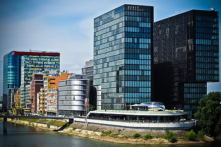 Architektura, związane z biznesem, Düsseldorf, budynek, Port, nowoczesne, Miasto
