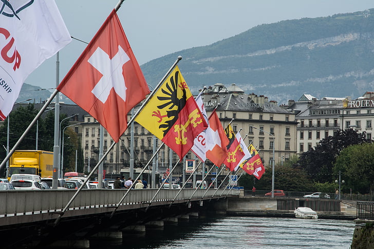 příznaky, Švýcarsko, Ženeva, vlajka, flutter síní, vlajkové stožáry, voda