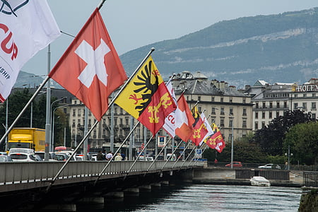 Флаги, Швейцария, Женева, флаг, флаттера, флагштоки, воды