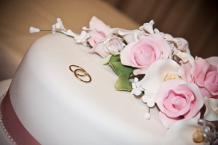 kue, dihiasi, bunga, mawar, putih, merah muda, bunga