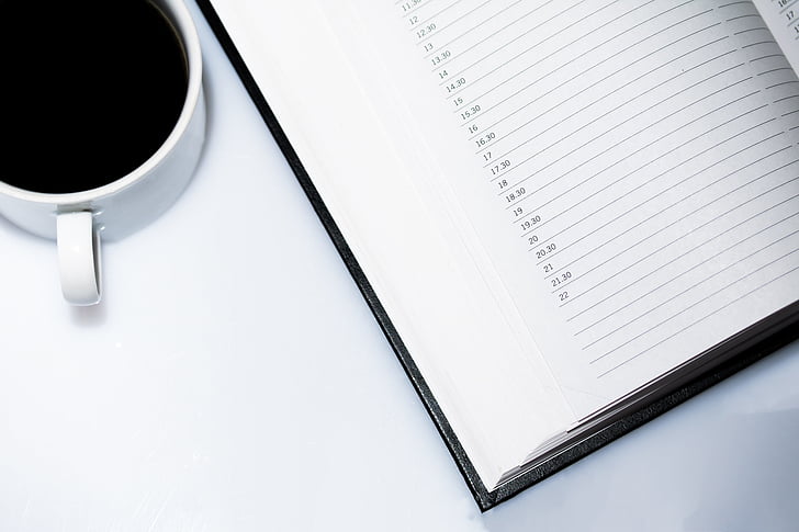 agenda, appointment calendar, coffee, coffee cup, page, lines, times