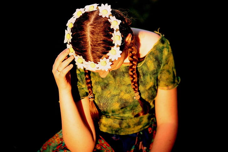girl, wreath, thoughts, in the evening, green, people