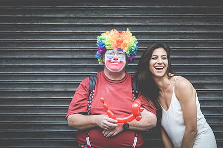 people, friends, couple, smiles, happy, clown, balloons