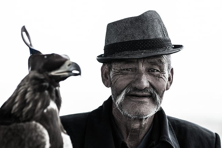 animal, bird, elderly, hat, man, mustache, old