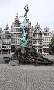 antwerp, bronze statue, brabobrunnen, grand place, square, city, belgium