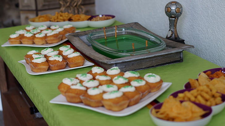 cumpleaños, fútbol, celebración, verde, decoración, Magdalena, alimentos