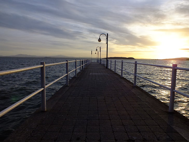solnedgang, Web, sjøen, Pier, port, vann